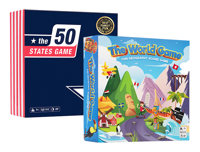 the world game 50 states game and the world game fun geography board game are both geography games by the world game brand